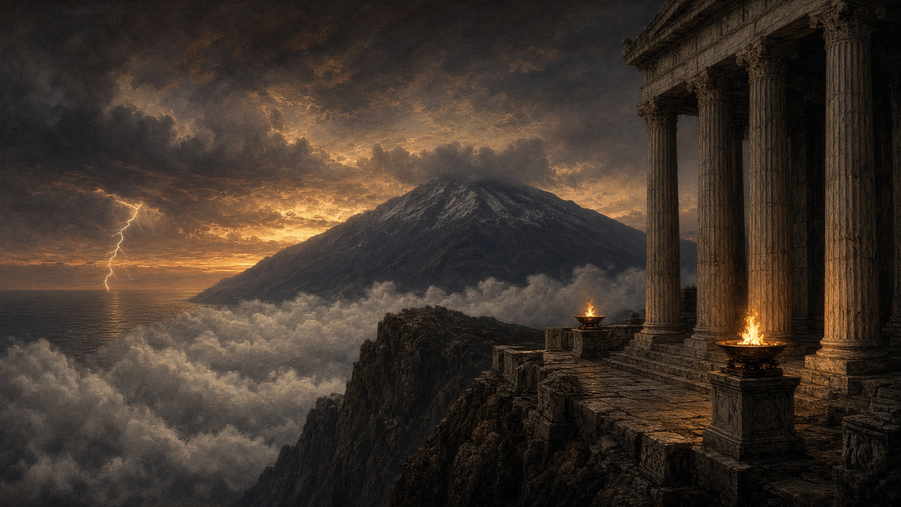 Marble colonnade of Olympus above a storm-lit sea